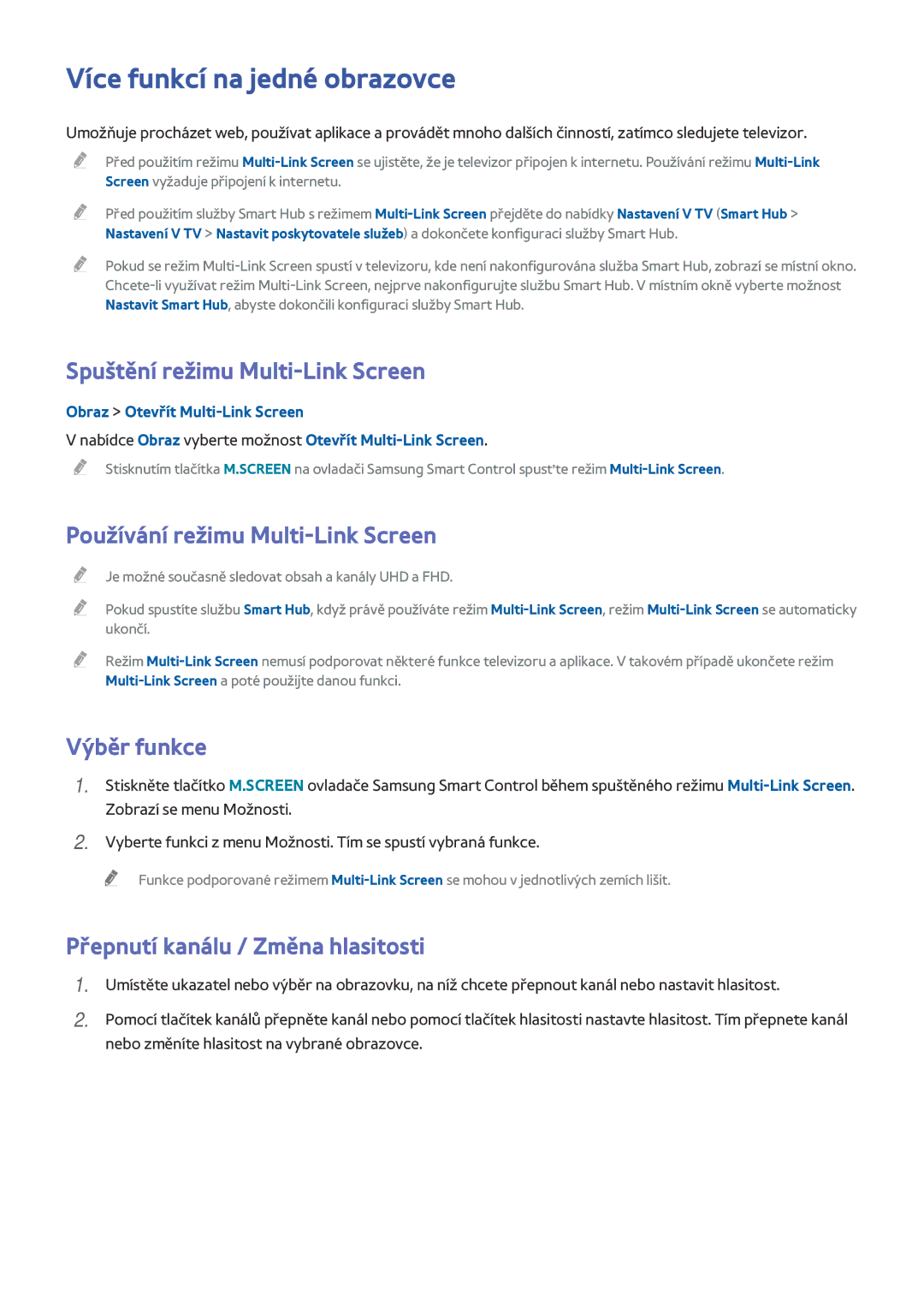 Samsung UE50HU6900SXXC, UE55HU7590LXZG Více funkcí na jedné obrazovce, Spuštění režimu Multi-Link Screen, Výběr funkce 