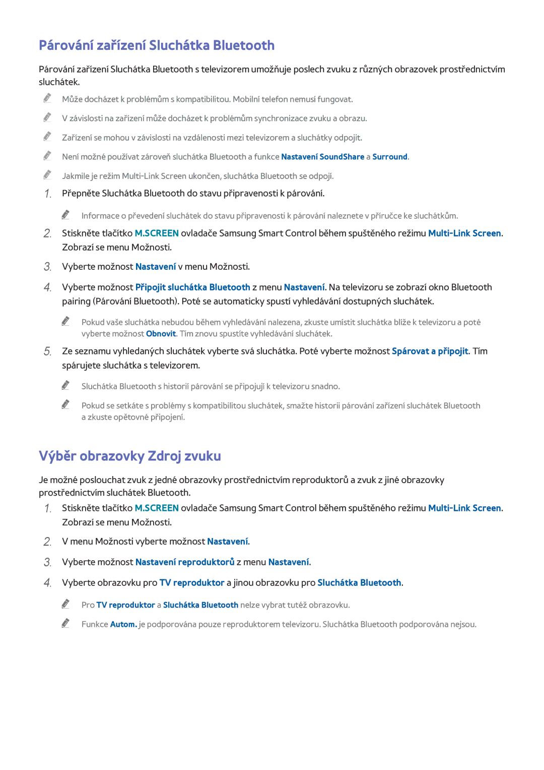 Samsung UE55HU8500TXXH, UE55HU7590LXZG, UE55HU7200SXZG Párování zařízení Sluchátka Bluetooth, Výběr obrazovky Zdroj zvuku 