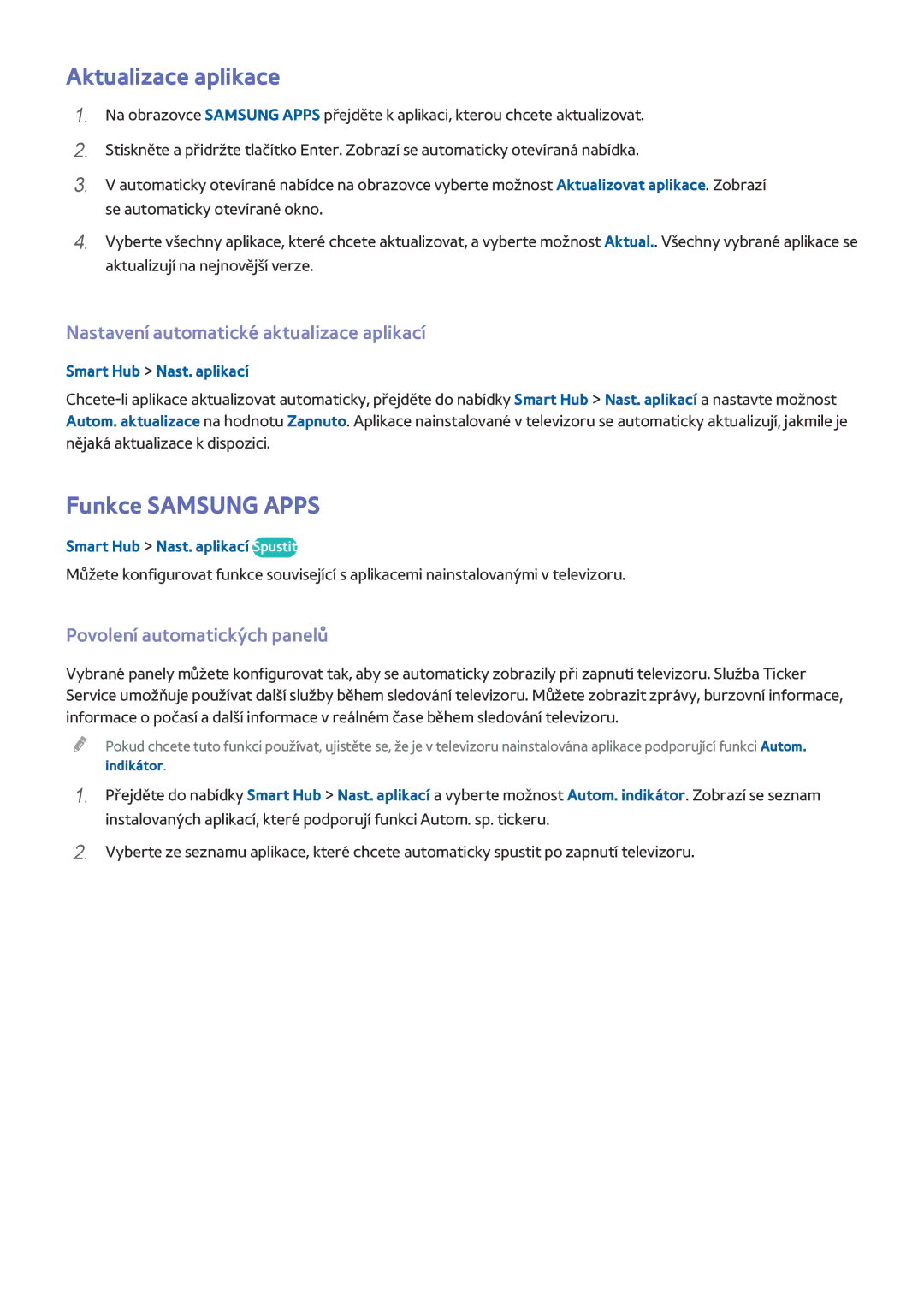 Samsung UE55HU7100SXXH manual Aktualizace aplikace, Funkce Samsung Apps, Nastavení automatické aktualizace aplikací 