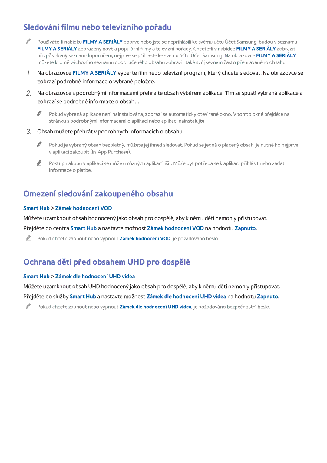 Samsung UE65HU7205UXXE, UE55HU7590LXZG manual Sledování filmu nebo televizního pořadu, Omezení sledování zakoupeného obsahu 