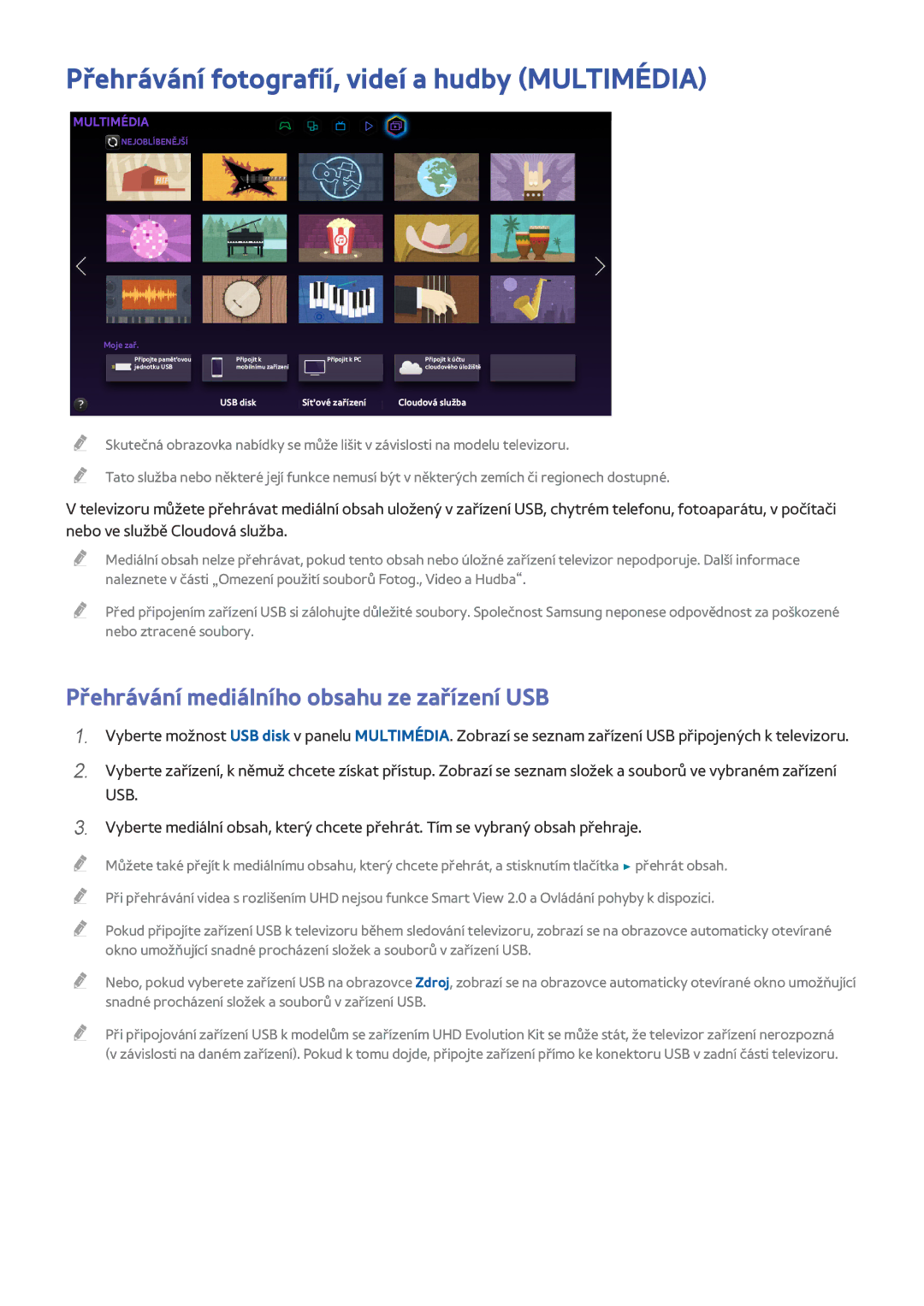 Samsung UE65HU7105UXXE manual Přehrávání fotografií, videí a hudby Multimédia, Přehrávání mediálního obsahu ze zařízení USB 