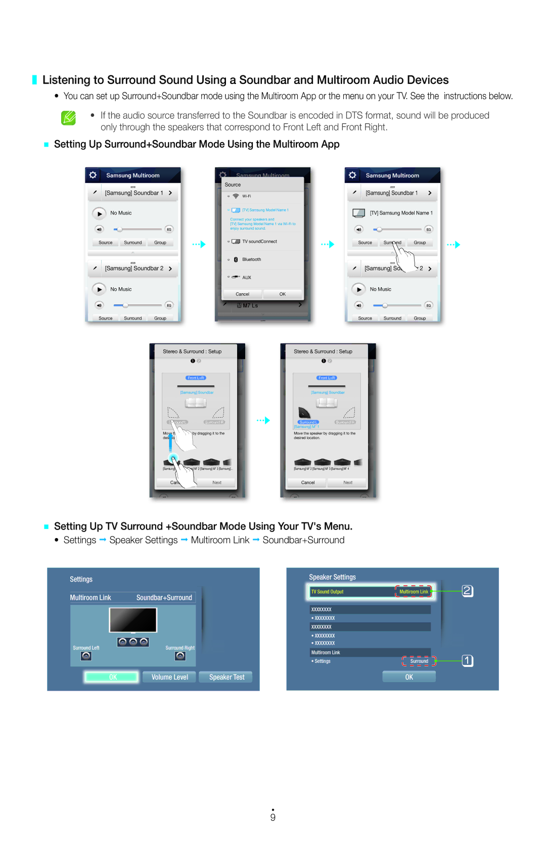 Samsung UE65H6470SSXZG, UE55HU7590LXZG, UE55HU7200SXZG manual `` Setting Up Surround+Soundbar Mode Using the Multiroom App 