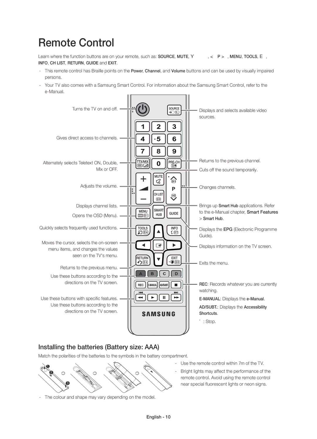 Samsung UE55HU8205TXXE, UE65HU8205TXXE manual Remote Control, Installing the batteries Battery size AAA 