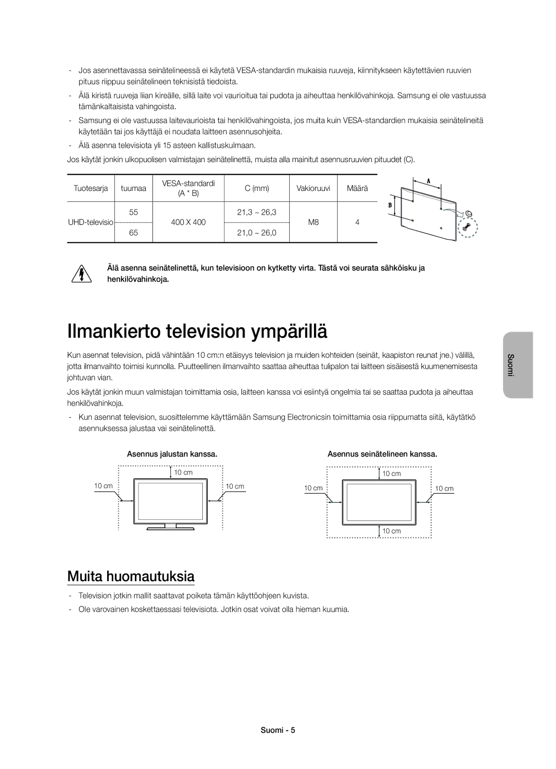 Samsung UE65HU8205TXXE, UE55HU8205TXXE manual Ilmankierto television ympärillä, Muita huomautuksia 