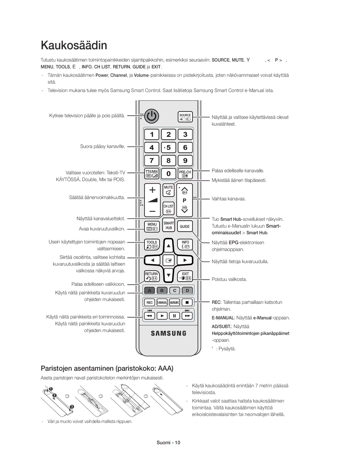 Samsung UE55HU8205TXXE, UE65HU8205TXXE manual Kaukosäädin, Paristojen asentaminen paristokoko AAA 