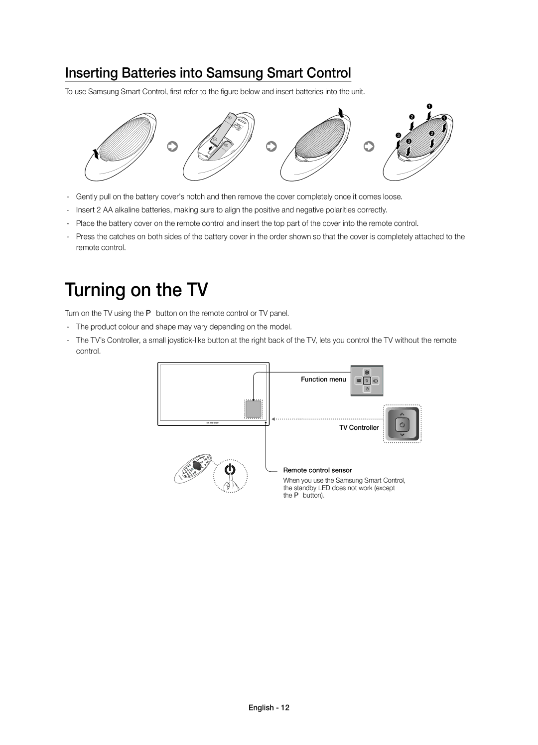 Samsung UE55HU8205TXXE, UE65HU8205TXXE manual Turning on the TV, Inserting Batteries into Samsung Smart Control 