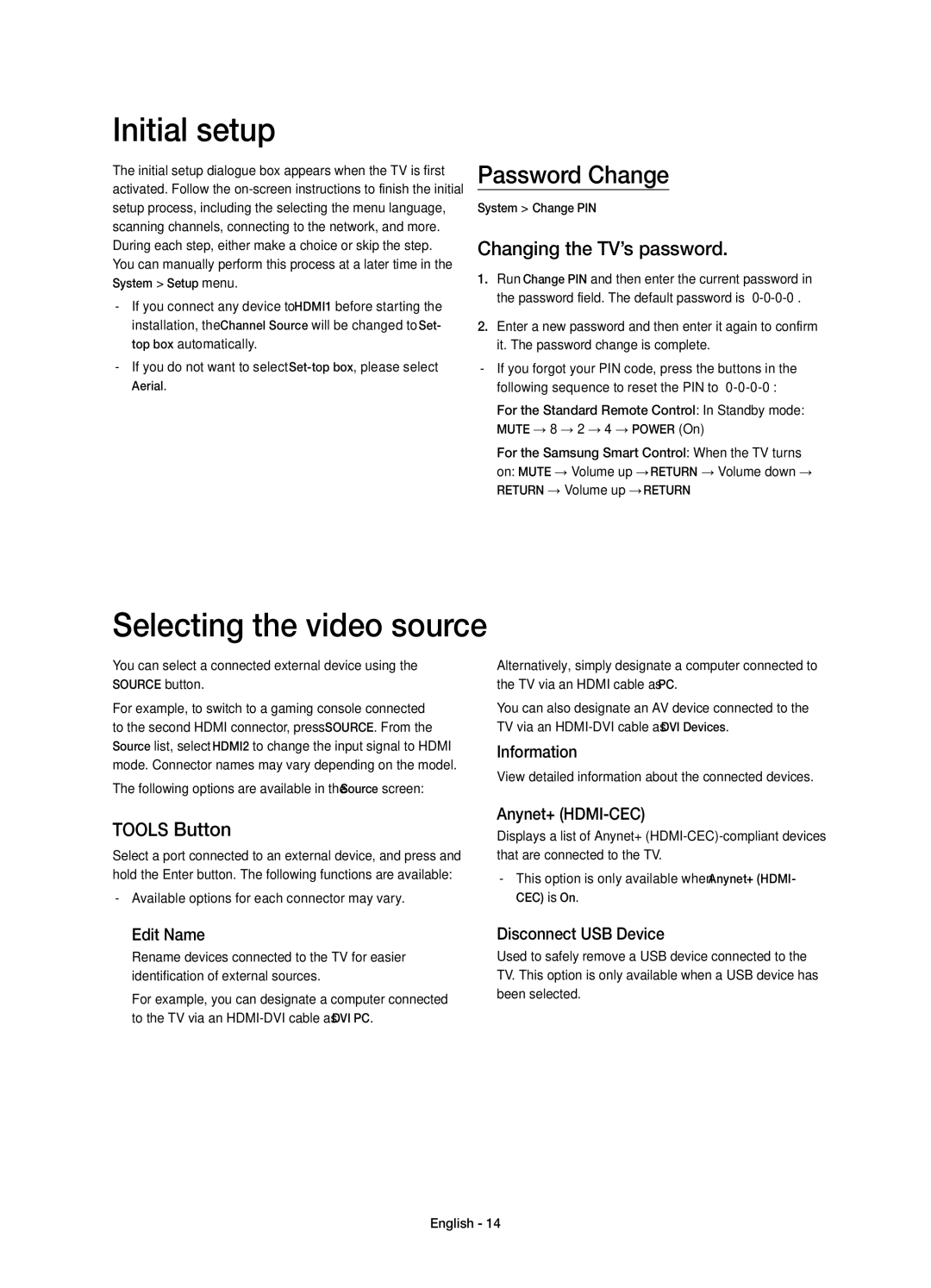 Samsung UE55HU8205TXXE manual Initial setup, Selecting the video source, Password Change, Changing the TV’s password 