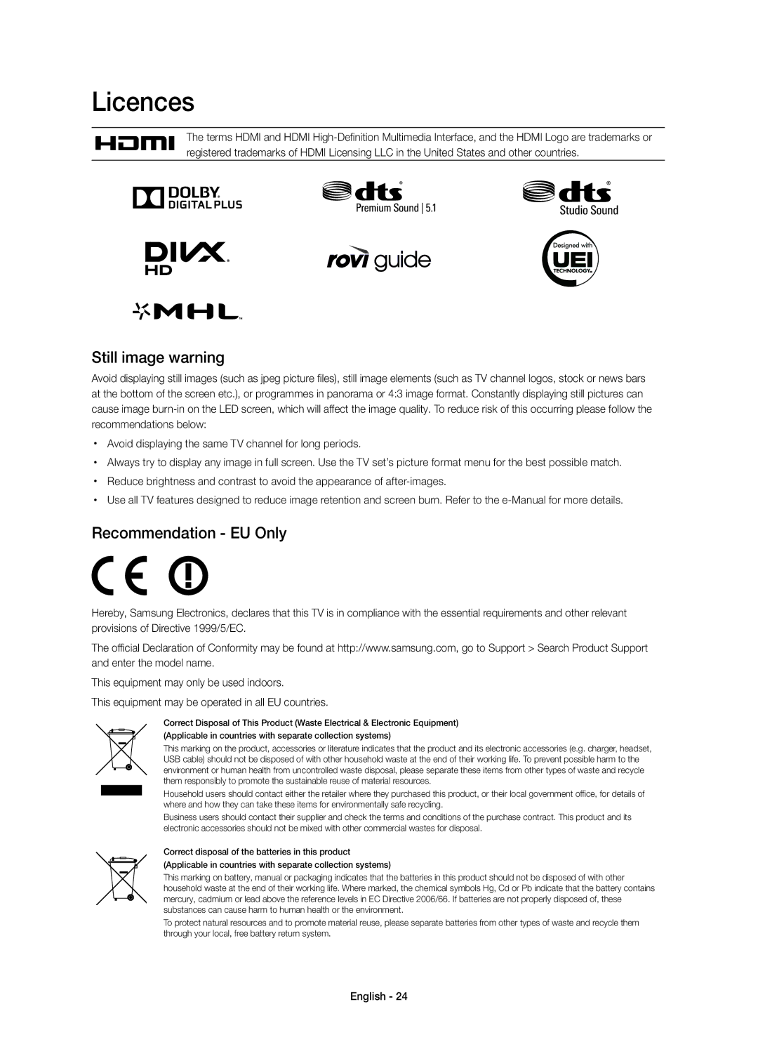 Samsung UE55HU8205TXXE, UE65HU8205TXXE manual Licences, Still image warning, Recommendation EU Only 