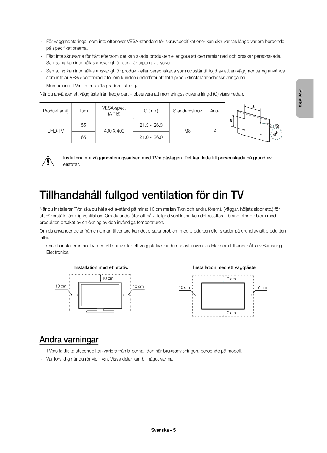 Samsung UE65HU8205TXXE, UE55HU8205TXXE manual Tillhandahåll fullgod ventilation för din TV, Andra varningar 