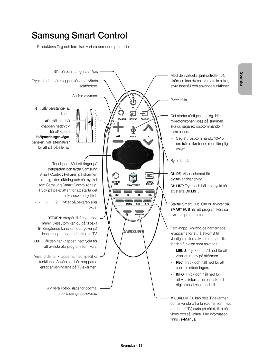 Samsung UE65HU8205TXXE, UE55HU8205TXXE manual Ändrar volymen ¢ Slår på/stänger av ljudet, ¡ £ Flyttar på pekaren eller fokus 