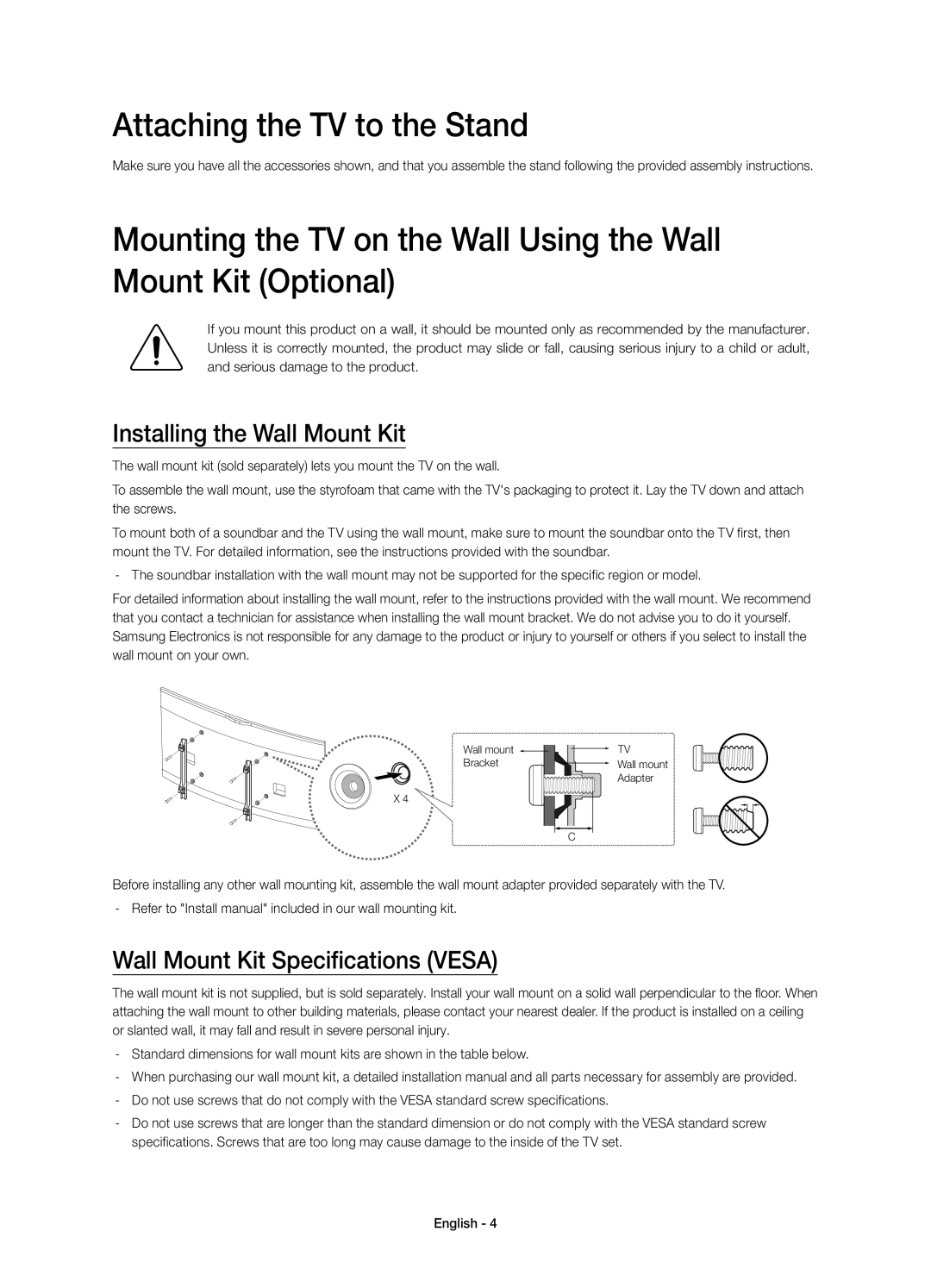 Samsung UE55HU8205TXXE Attaching the TV to the Stand, Installing the Wall Mount Kit, Wall Mount Kit Specifications Vesa 