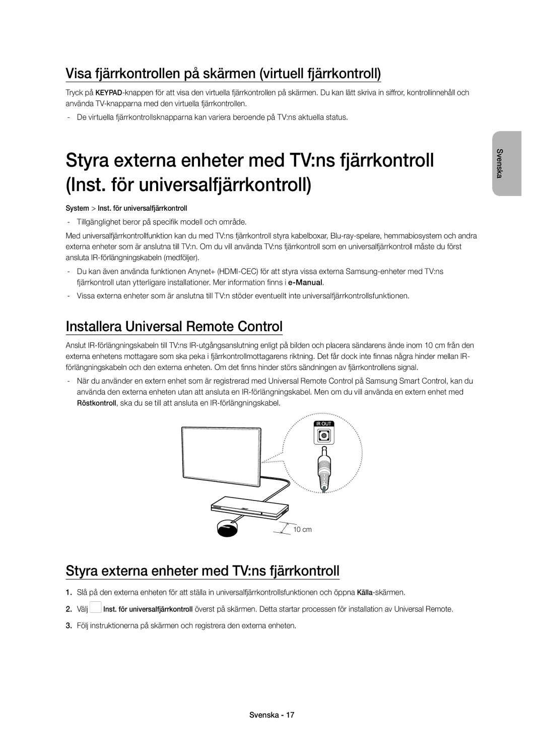 Samsung UE65HU8205TXXE manual Visa fjärrkontrollen på skärmen virtuell fjärrkontroll, Installera Universal Remote Control 