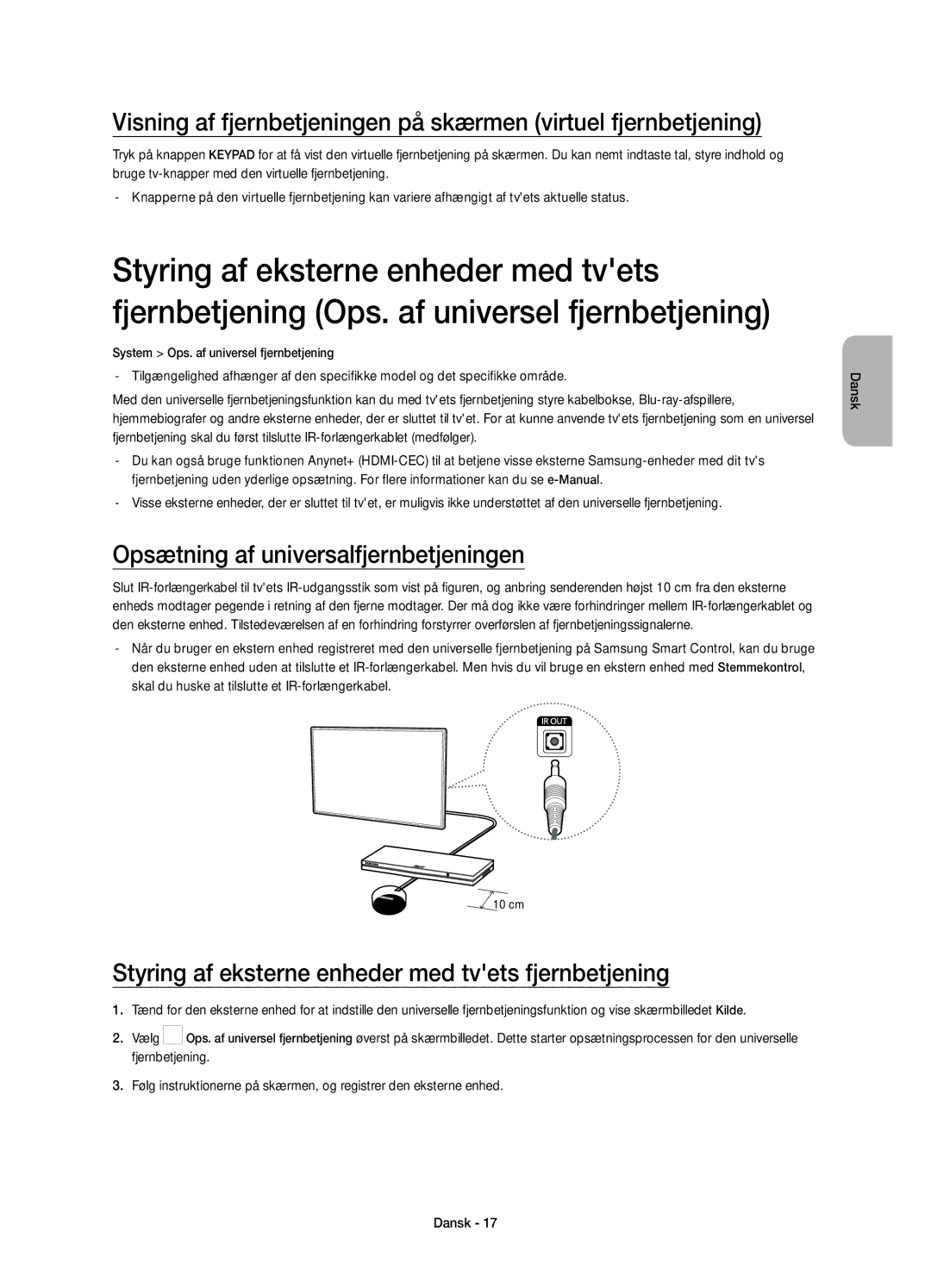 Samsung UE65HU8205TXXE manual Opsætning af universalfjernbetjeningen, Styring af eksterne enheder med tvets fjernbetjening 