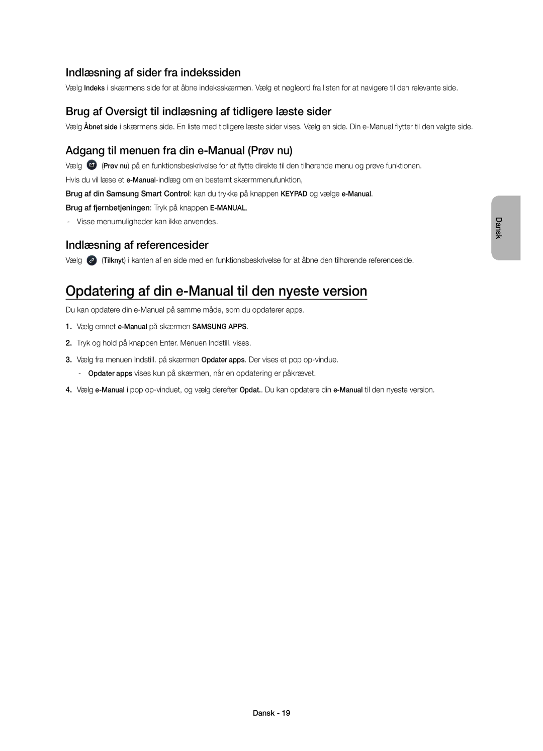 Samsung UE65HU8205TXXE manual Opdatering af din e-Manual til den nyeste version, Indlæsning af sider fra indekssiden 