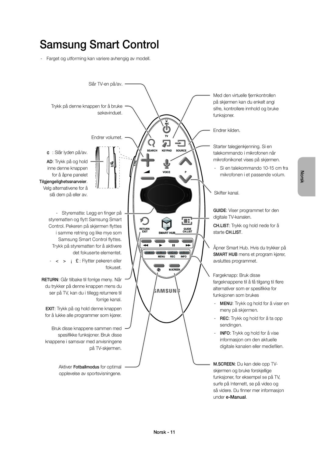 Samsung UE65HU8205TXXE manual Endrer volumet ¢ Slår lyden på/av, Endrer kilden, Skifter kanal, Styrematte Legg en finger på 