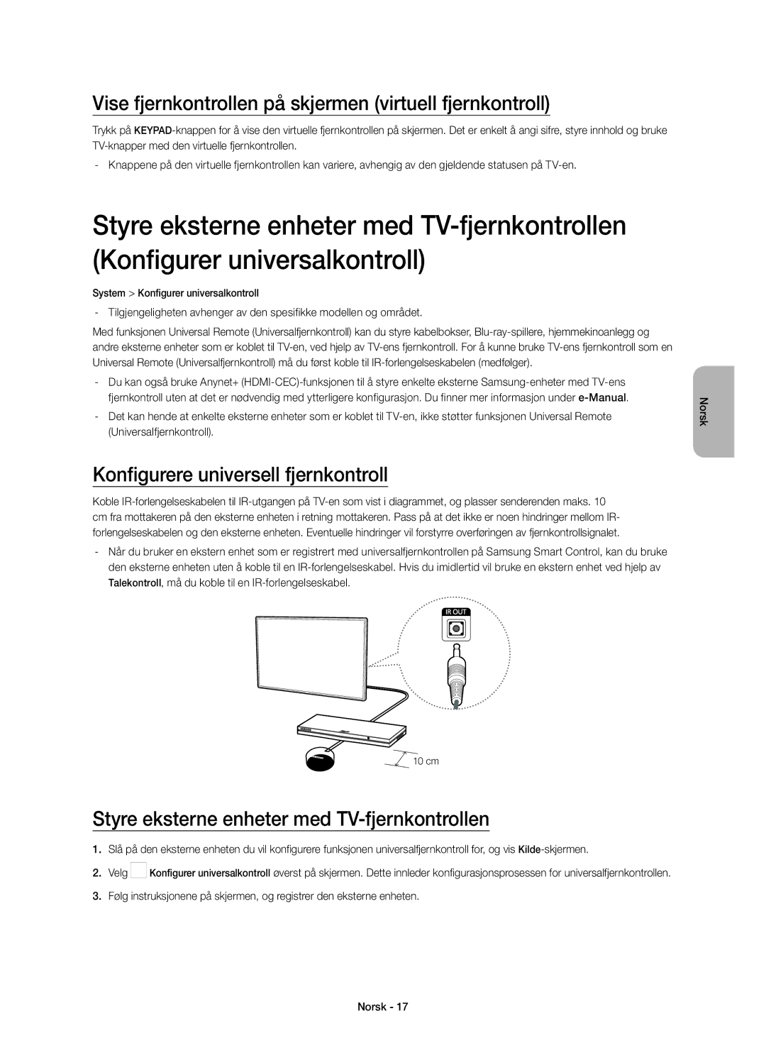 Samsung UE65HU8205TXXE manual Vise fjernkontrollen på skjermen virtuell fjernkontroll, Konfigurere universell fjernkontroll 