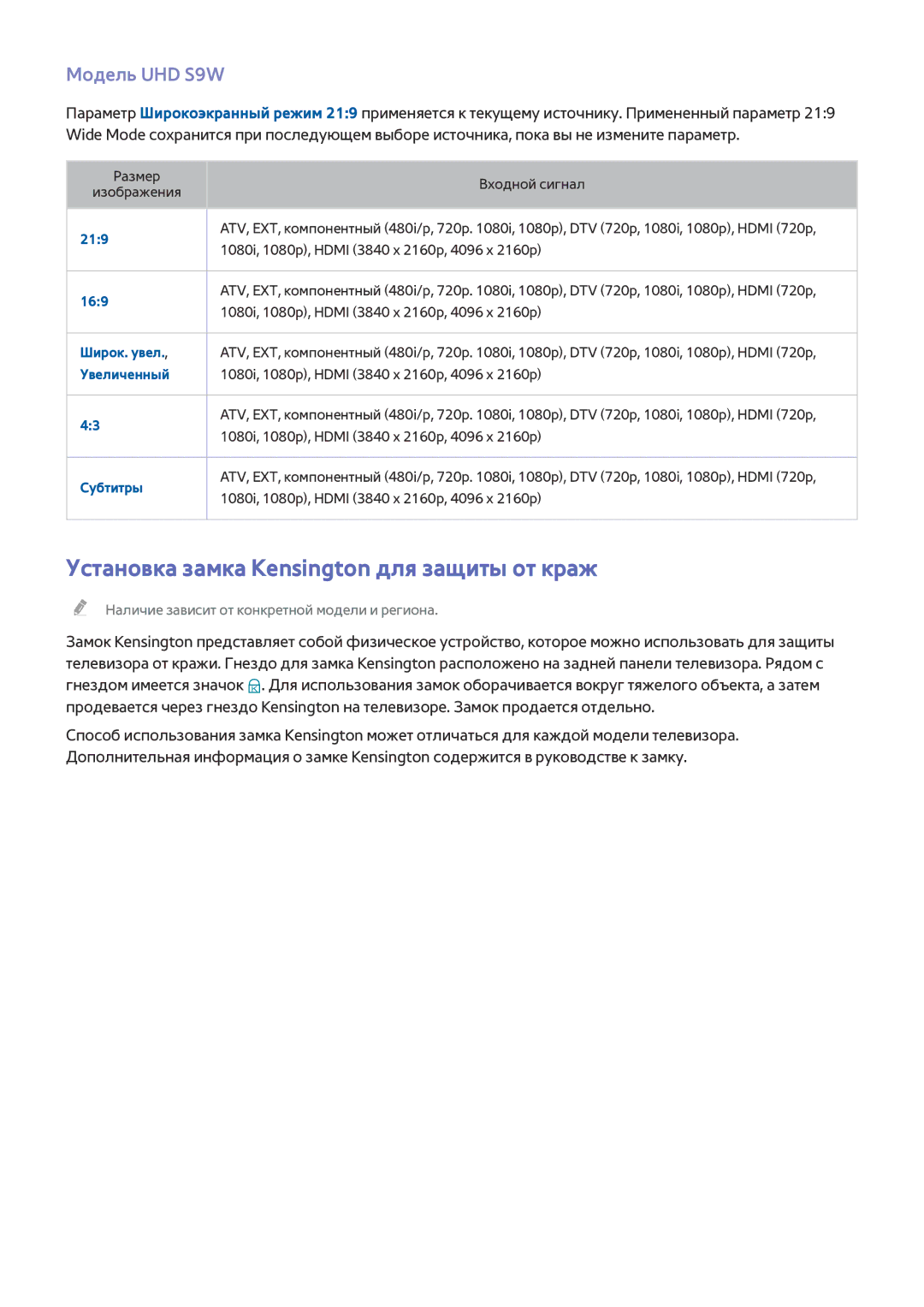 Samsung UE55HU9000TXUZ, UE55HU8500TXXH, UE78HU8500TXXH Установка замка Kensington для защиты от краж, Модель UHD S9W, 219 