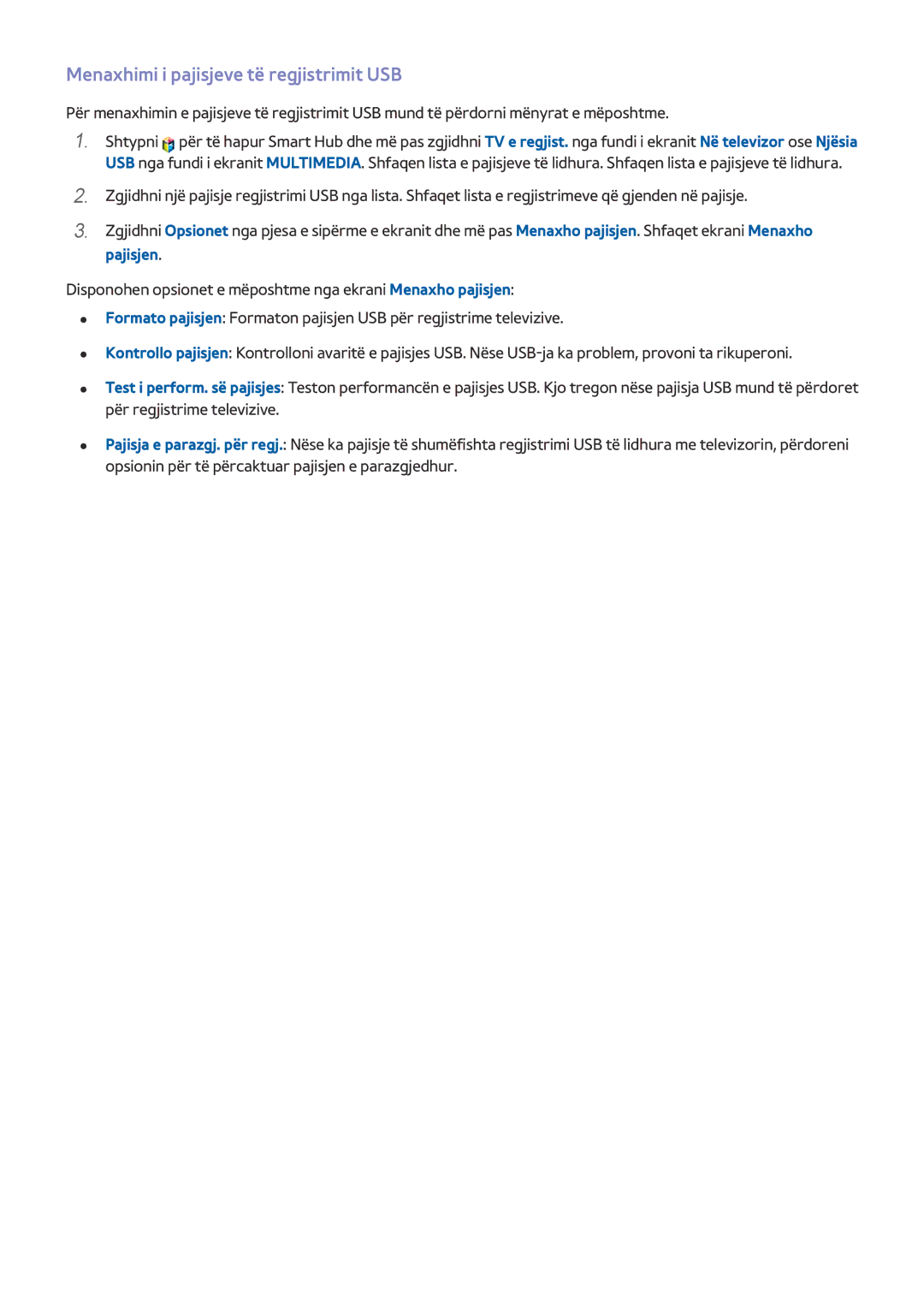 Samsung UE65HU8500TXXH, UE55HU8500TXXH, UE78HU8500TXXH manual Menaxhimi i pajisjeve të regjistrimit USB 