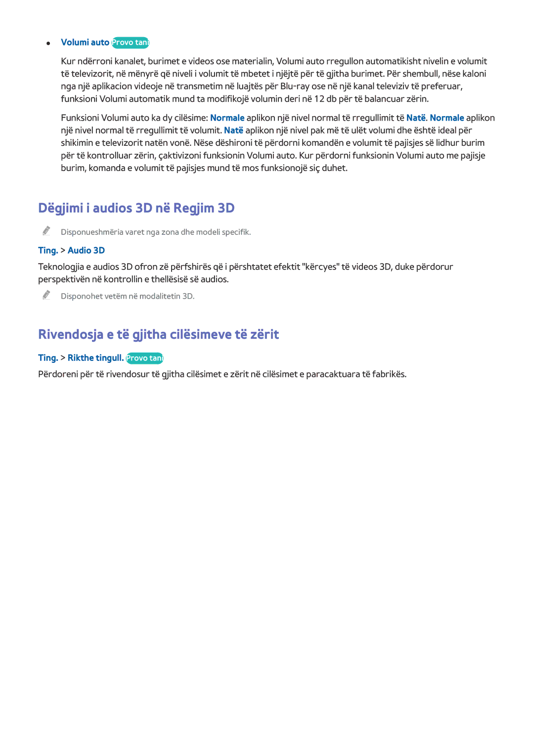Samsung UE78HU8500TXXH manual Dëgjimi i audios 3D në Regjim 3D, Rivendosja e të gjitha cilësimeve të zërit, Ting. Audio 3D 