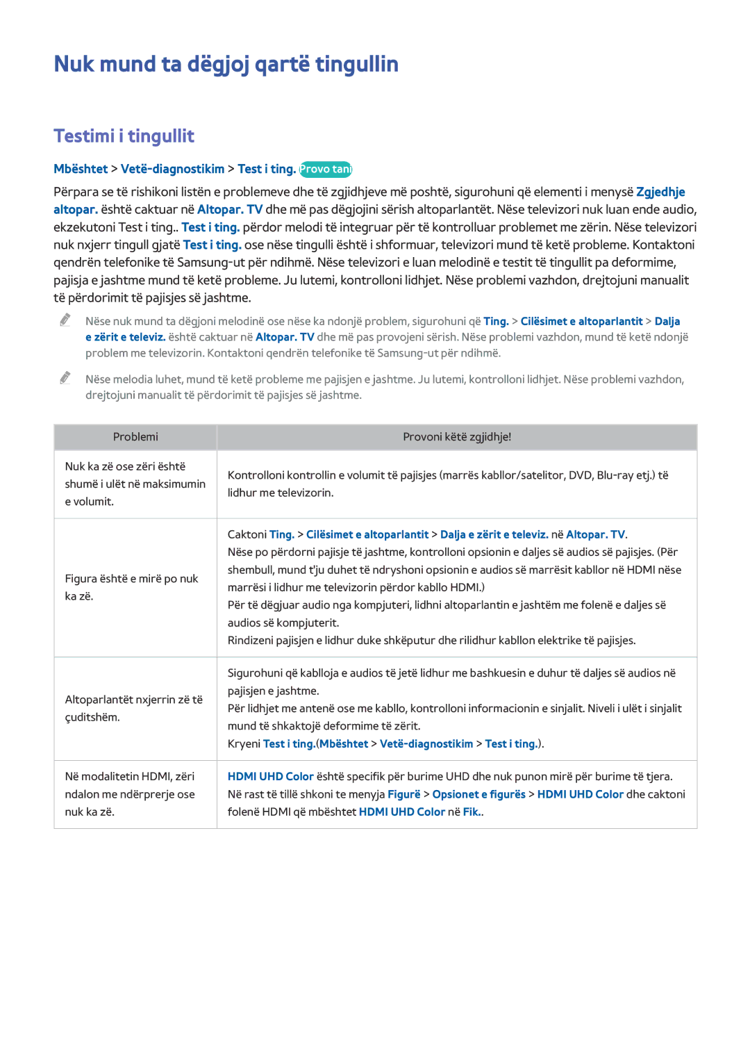 Samsung UE65HU8500TXXH, UE55HU8500TXXH, UE78HU8500TXXH manual Nuk mund ta dëgjoj qartë tingullin, Testimi i tingullit 
