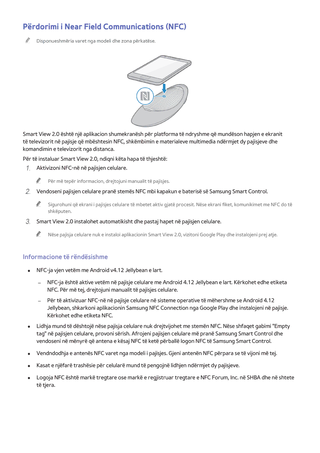 Samsung UE65HU8500TXXH, UE55HU8500TXXH manual Përdorimi i Near Field Communications NFC, Informacione të rëndësishme 