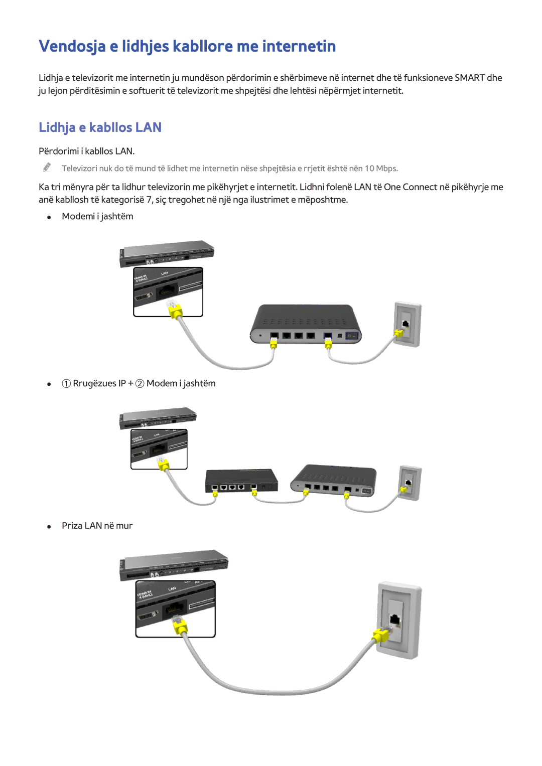 Samsung UE65HU8500TXXH manual Vendosja e lidhjes kabllore me internetin, Lidhja e kabllos LAN, Përdorimi i kabllos LAN 