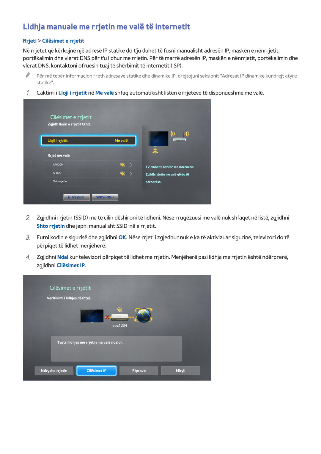 Samsung UE55HU8500TXXH, UE78HU8500TXXH, UE65HU8500TXXH Lidhja manuale me rrjetin me valë të internetit, Rrjet me valë 