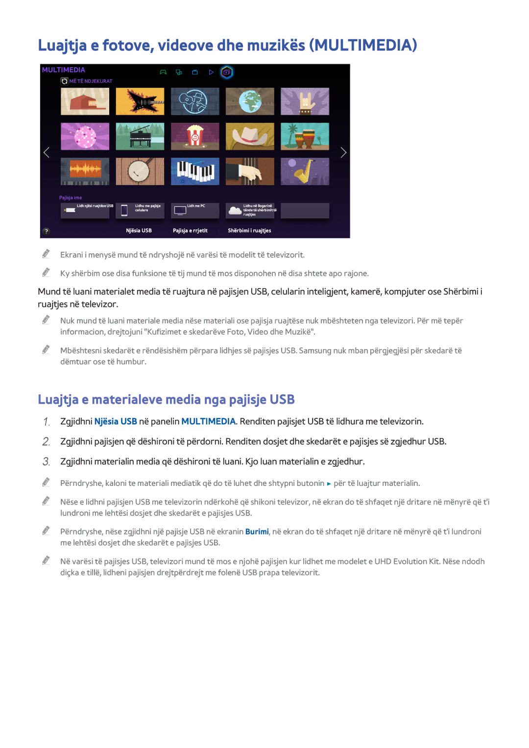 Samsung UE78HU8500TXXH manual Luajtja e fotove, videove dhe muzikës Multimedia, Luajtja e materialeve media nga pajisje USB 