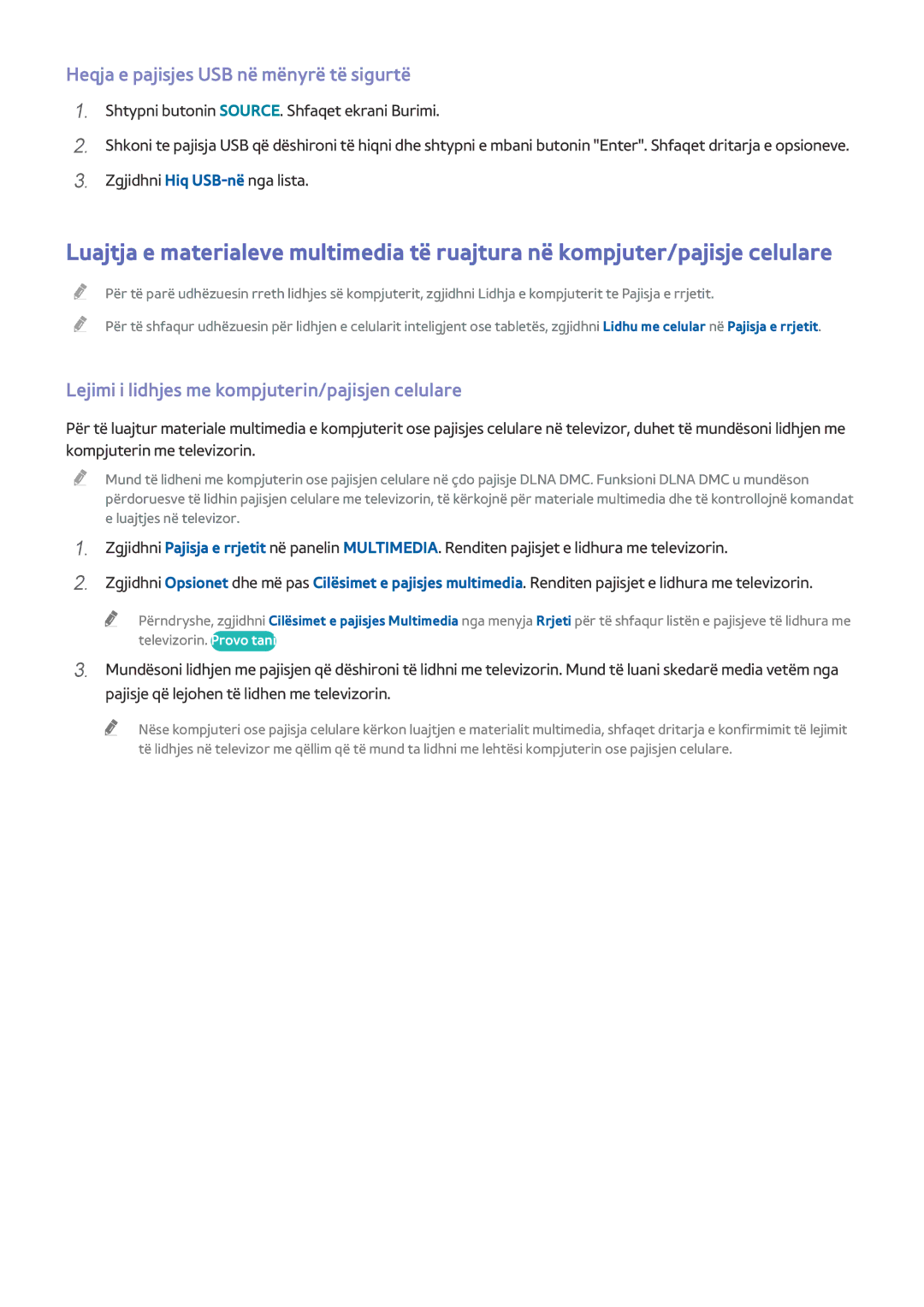 Samsung UE65HU8500TXXH manual Heqja e pajisjes USB në mënyrë të sigurtë, Lejimi i lidhjes me kompjuterin/pajisjen celulare 