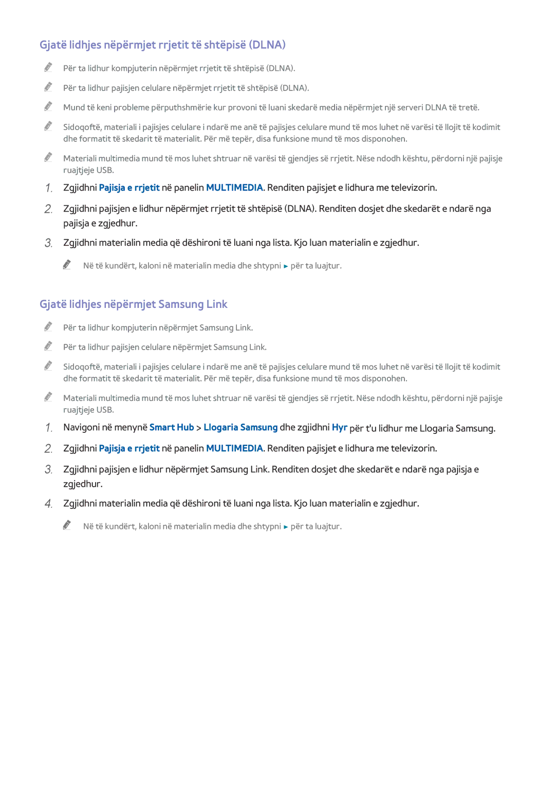 Samsung UE55HU8500TXXH manual Gjatë lidhjes nëpërmjet rrjetit të shtëpisë Dlna, Gjatë lidhjes nëpërmjet Samsung Link 
