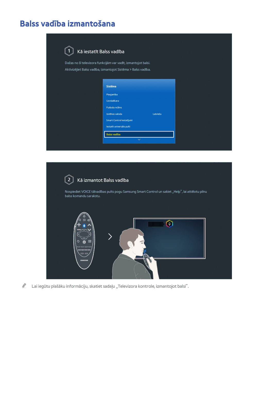 Samsung UE78HU8500TXXH, UE55HU8500TXXH, UE65HU8500TXXH manual Balss vadība izmantošana, Kā iestatīt Balss vadība 