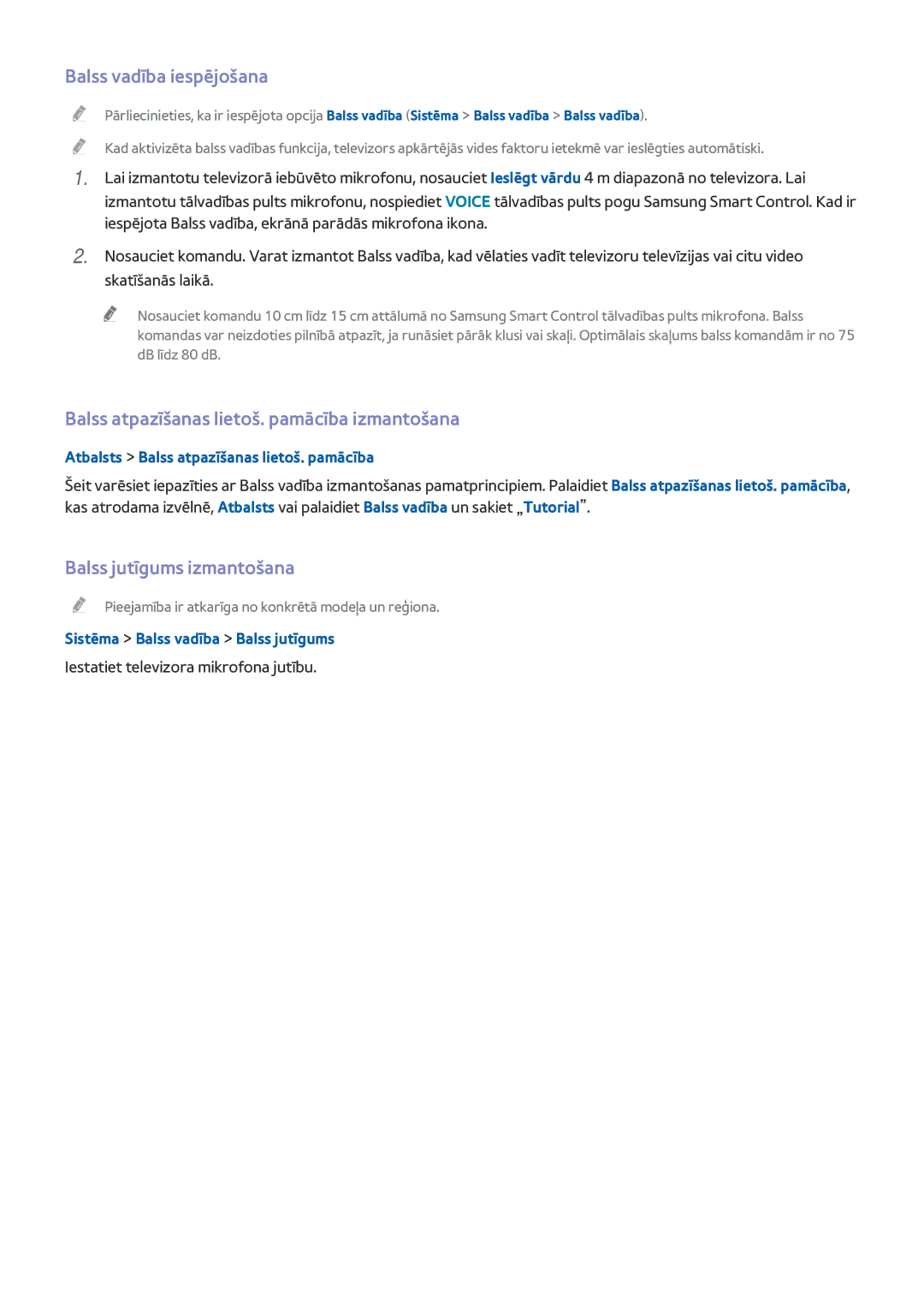 Samsung UE78HU8500TXXH manual Balss vadība iespējošana, Balss jutīgums izmantošana, Sistēma Balss vadība Balss jutīgums 