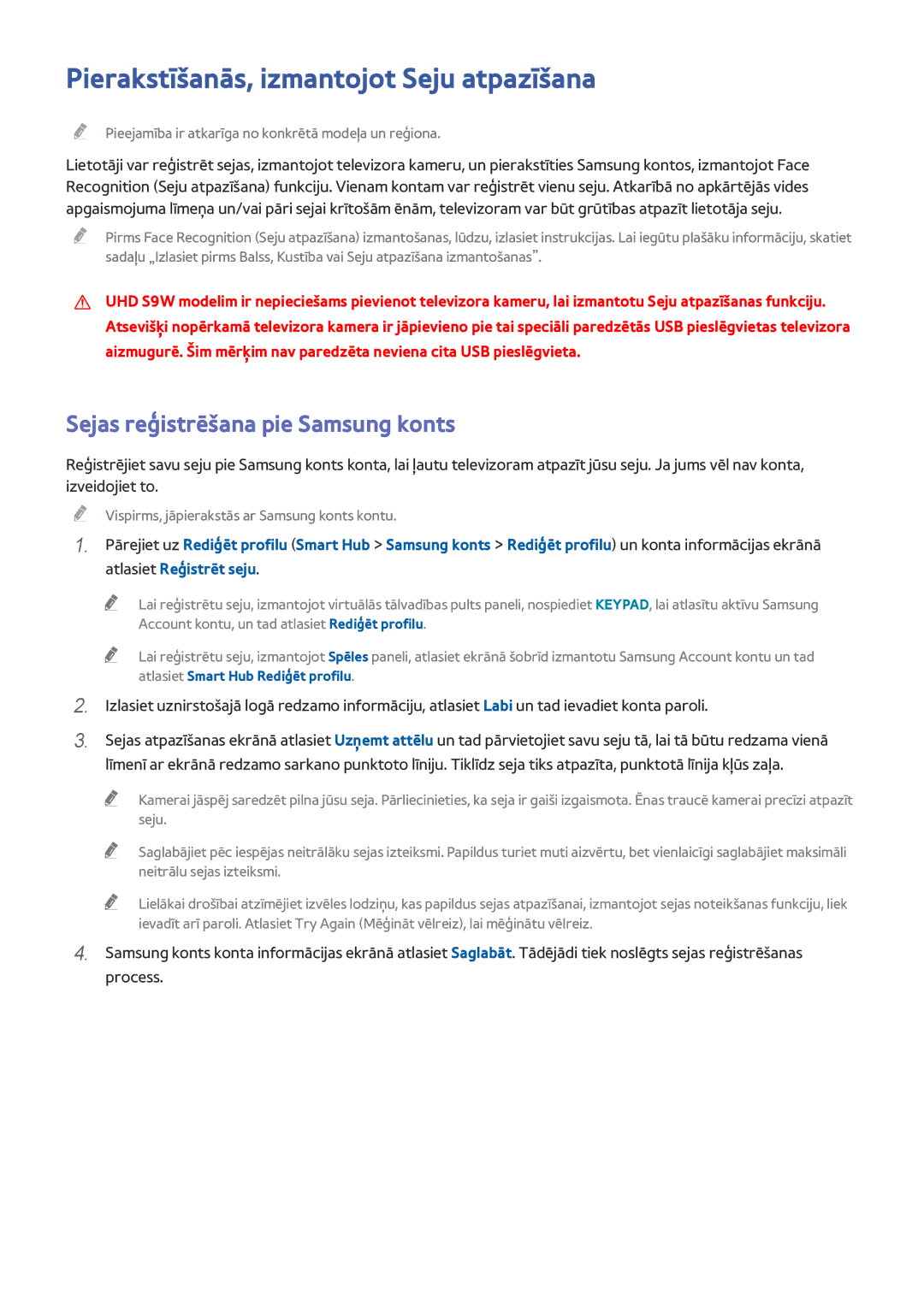 Samsung UE55HU8500TXXH, UE78HU8500TXXH Pierakstīšanās, izmantojot Seju atpazīšana, Sejas reģistrēšana pie Samsung konts 