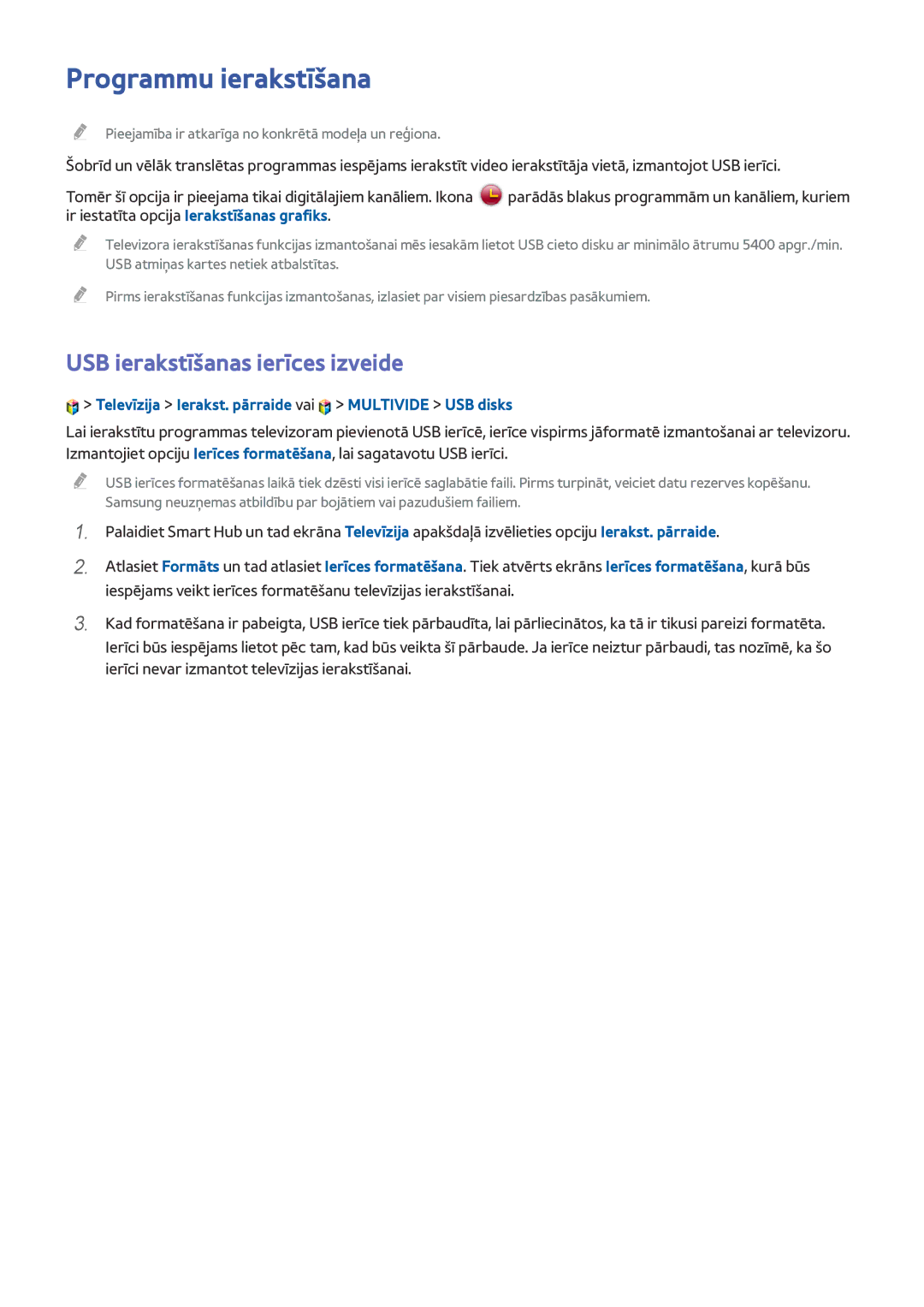 Samsung UE78HU8500TXXH, UE55HU8500TXXH, UE65HU8500TXXH manual Programmu ierakstīšana, USB ierakstīšanas ierīces izveide 