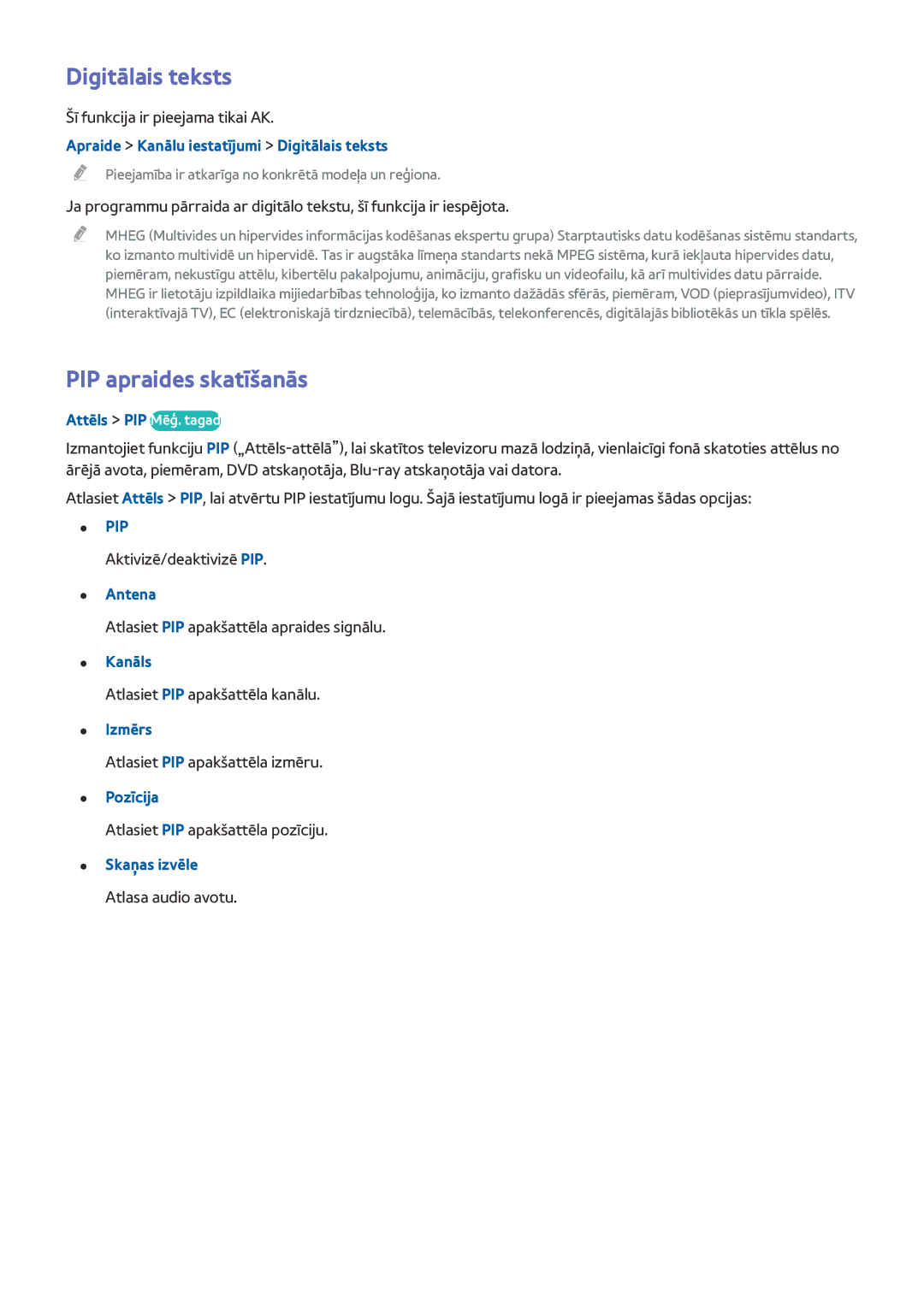 Samsung UE55HU8500TXXH, UE78HU8500TXXH, UE65HU8500TXXH manual Digitālais teksts, PIP apraides skatīšanās 