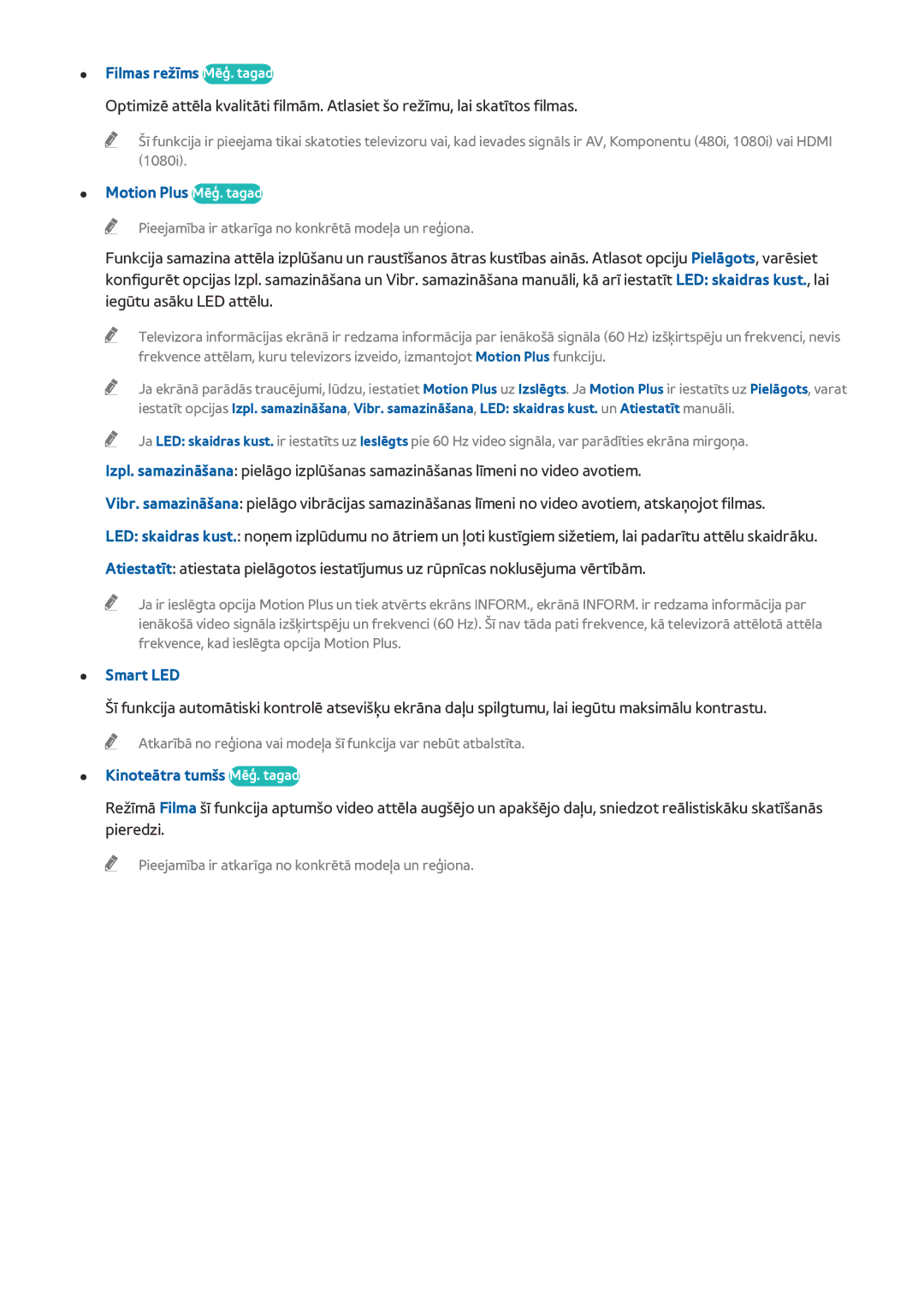 Samsung UE78HU8500TXXH manual Filmas režīms Mēģ. tagad, Motion Plus Mēģ. tagad, Smart LED, Kinoteātra tumšs Mēģ. tagad 
