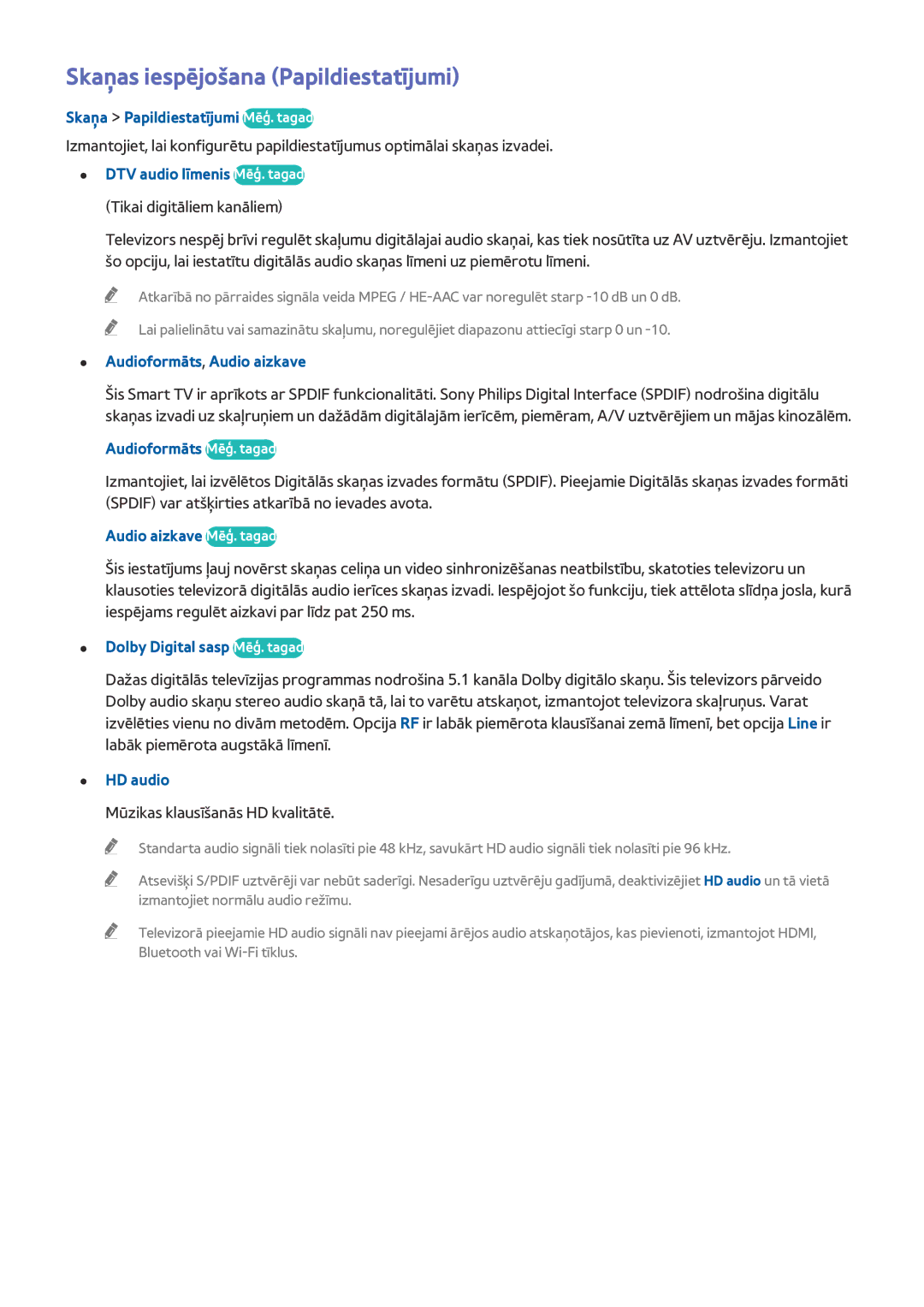 Samsung UE55HU8500TXXH, UE78HU8500TXXH, UE65HU8500TXXH manual Skaņas iespējošana Papildiestatījumi 