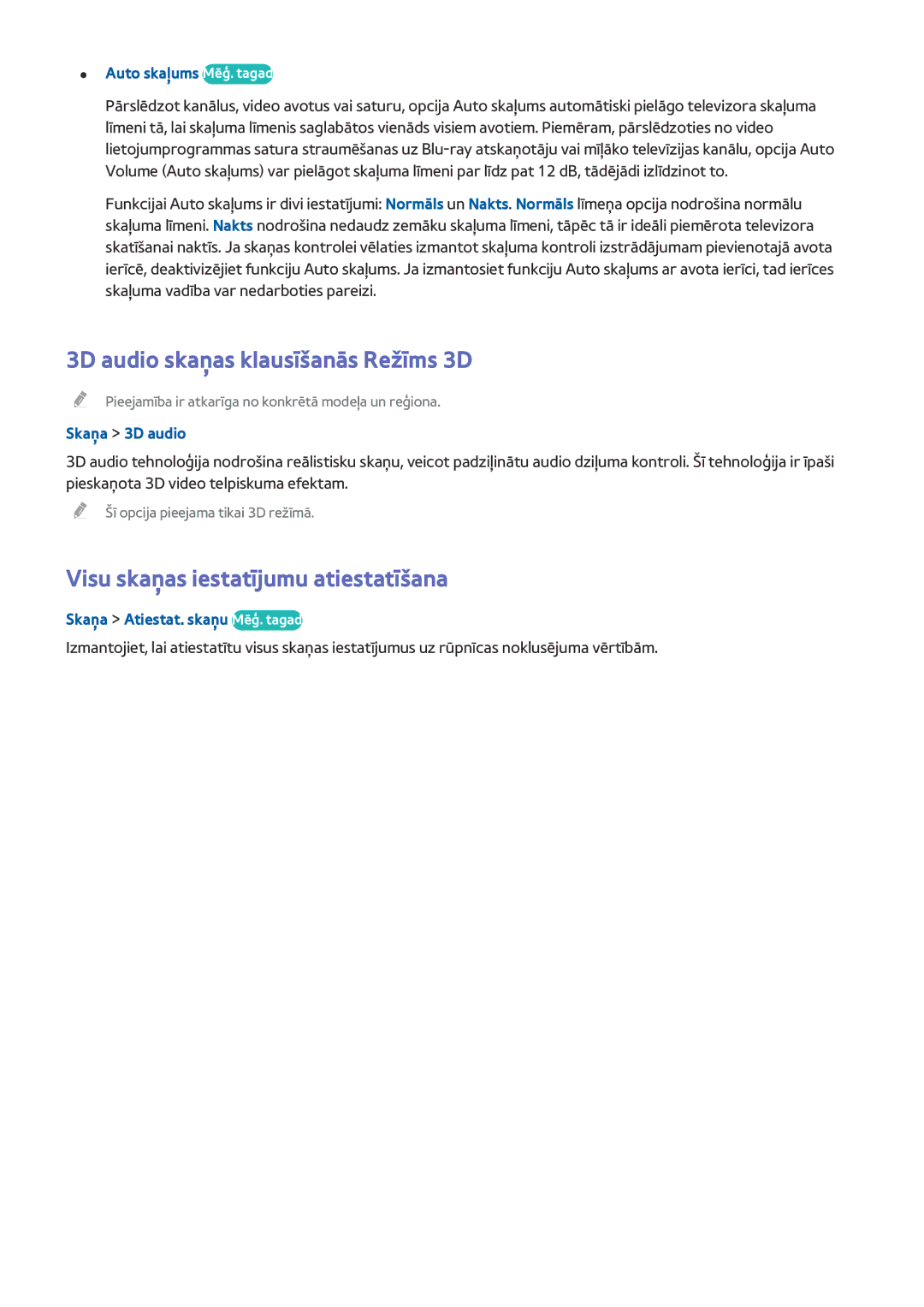 Samsung UE78HU8500TXXH manual 3D audio skaņas klausīšanās Režīms 3D, Visu skaņas iestatījumu atiestatīšana, Skaņa 3D audio 