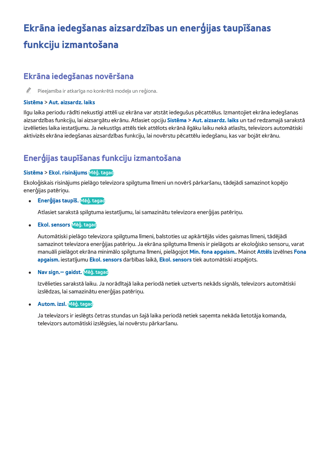 Samsung UE65HU8500TXXH, UE55HU8500TXXH manual Ekrāna iedegšanas novēršana, Enerģijas taupīšanas funkciju izmantošana 