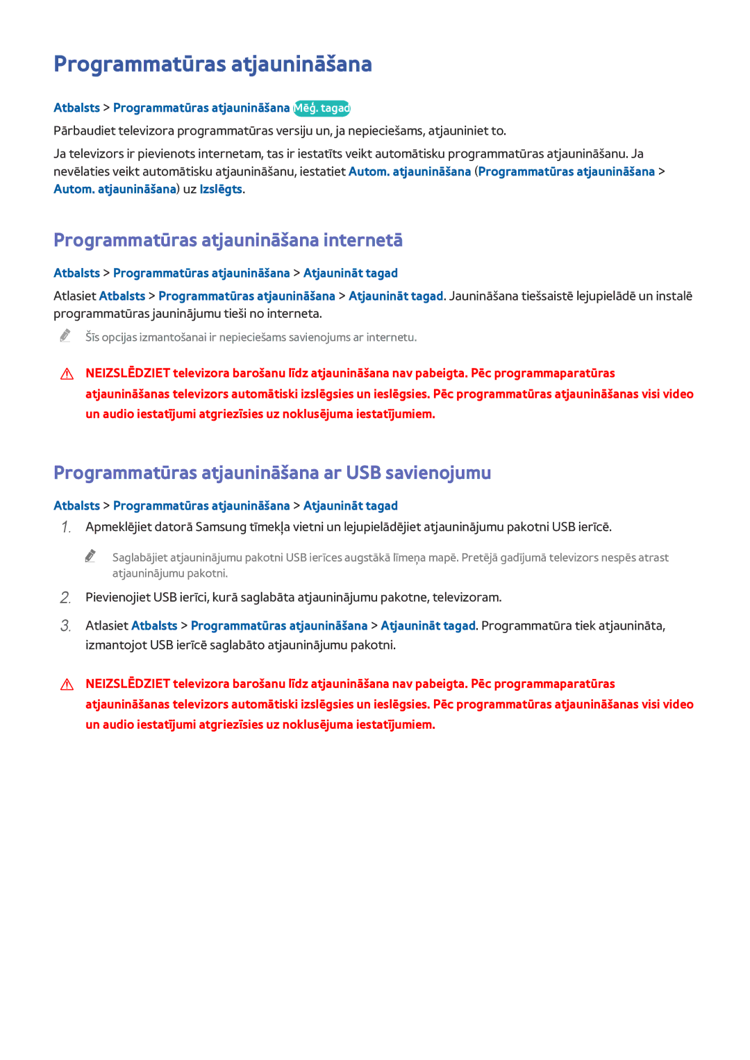 Samsung UE78HU8500TXXH manual Programmatūras atjaunināšana internetā, Programmatūras atjaunināšana ar USB savienojumu 