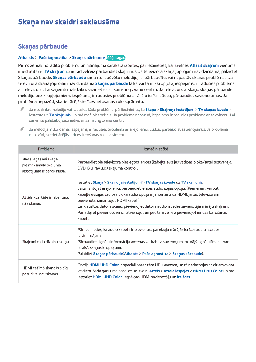 Samsung UE65HU8500TXXH manual Skaņa nav skaidri saklausāma, Atbalsts Pašdiagnostika Skaņas pārbaude Mēģ. tagad 