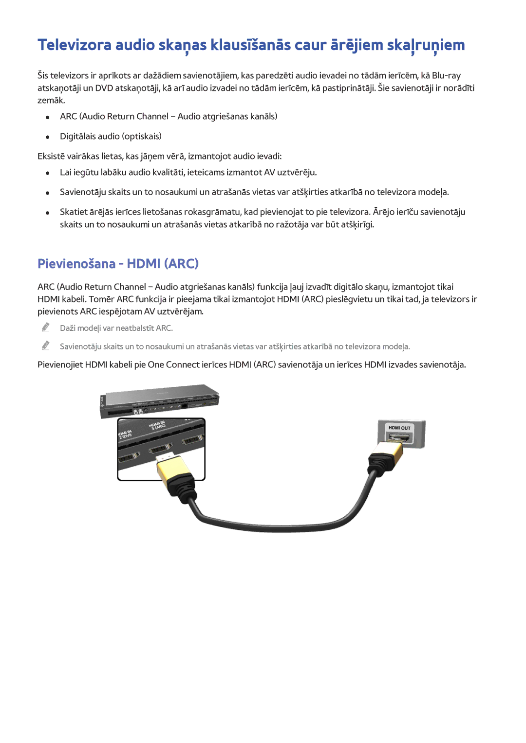 Samsung UE55HU8500TXXH, UE78HU8500TXXH Televizora audio skaņas klausīšanās caur ārējiem skaļruņiem, Pievienošana Hdmi ARC 