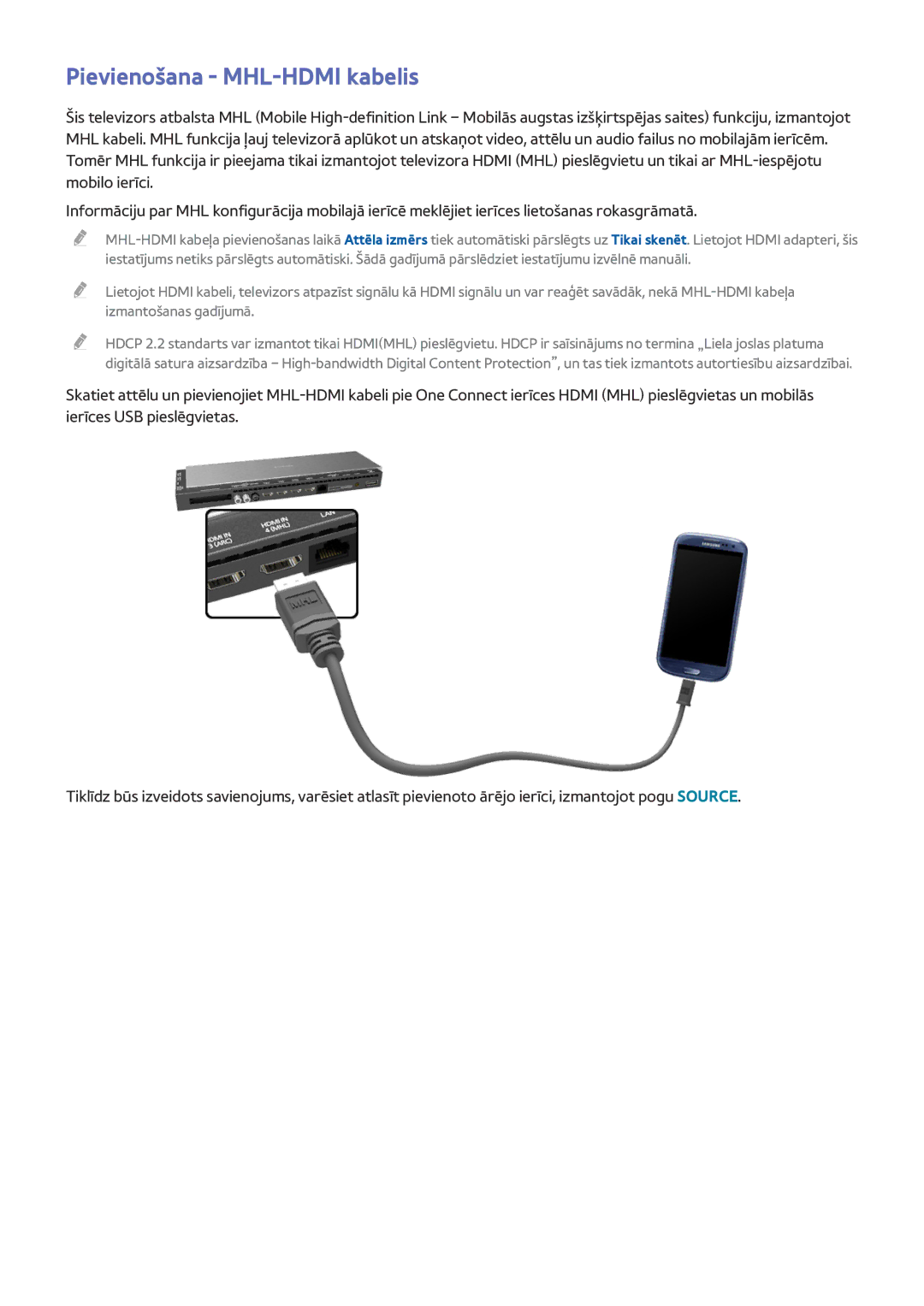 Samsung UE65HU8500TXXH, UE55HU8500TXXH, UE78HU8500TXXH manual Pievienošana MHL-HDMI kabelis 