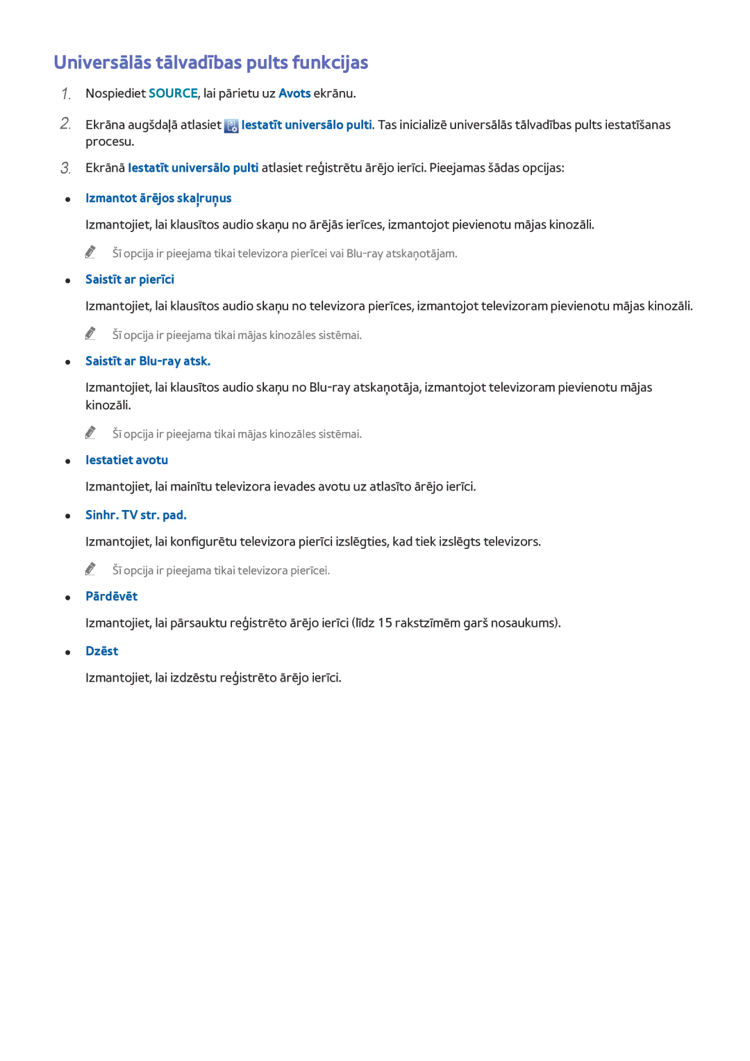 Samsung UE65HU8500TXXH, UE55HU8500TXXH, UE78HU8500TXXH manual Universālās tālvadības pults funkcijas 