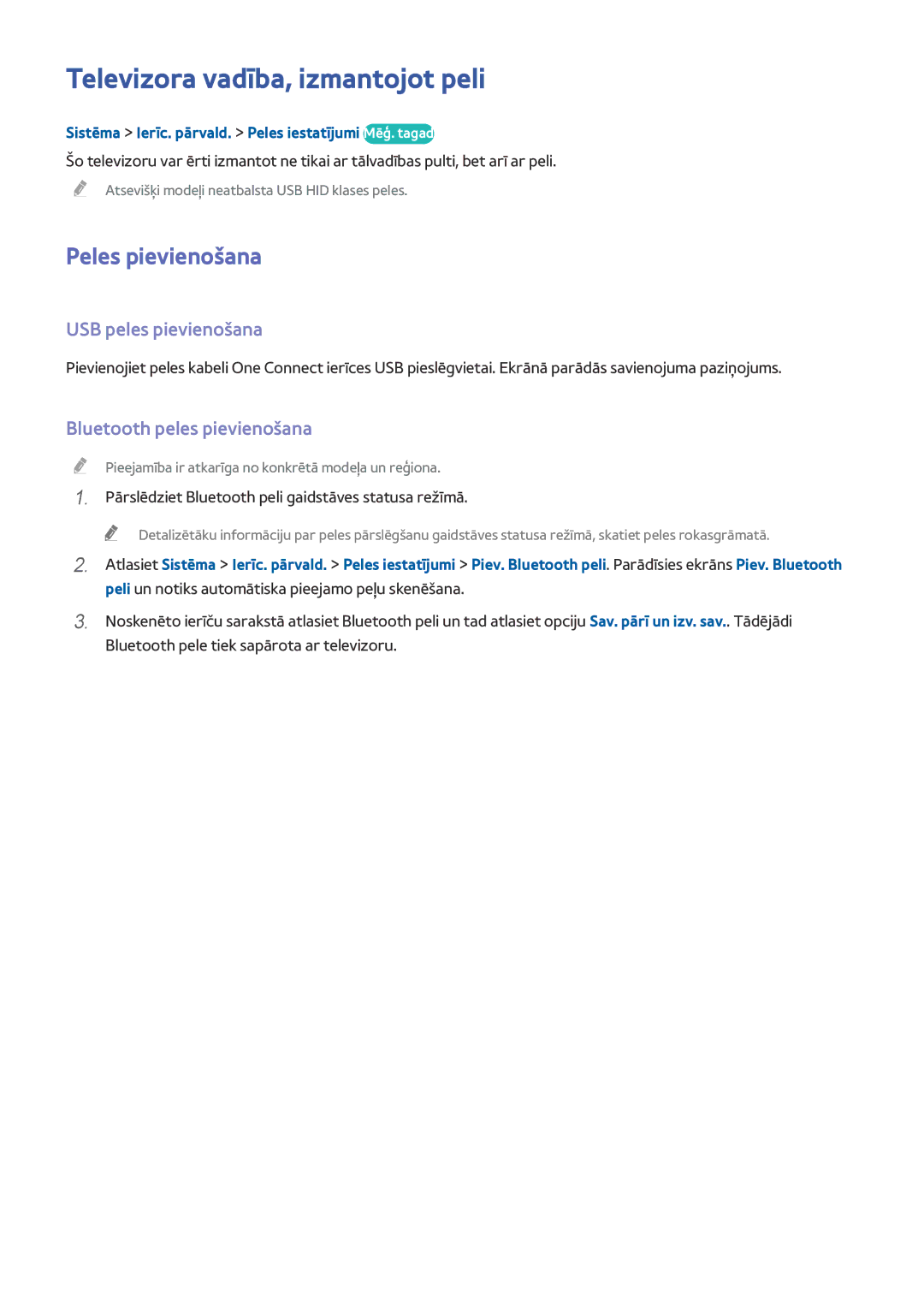 Samsung UE65HU8500TXXH, UE55HU8500TXXH manual Televizora vadība, izmantojot peli, Peles pievienošana, USB peles pievienošana 