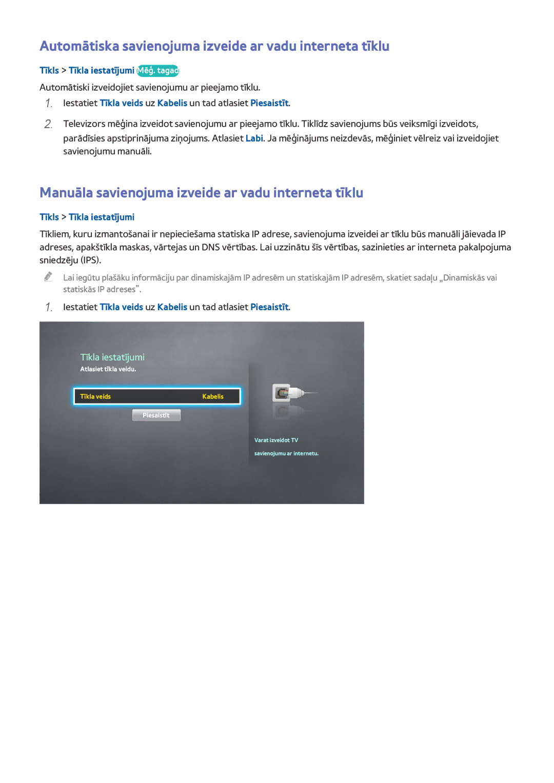 Samsung UE55HU8500TXXH manual Automātiska savienojuma izveide ar vadu interneta tīklu, Tīkls Tīkla iestatījumi Mēģ. tagad 