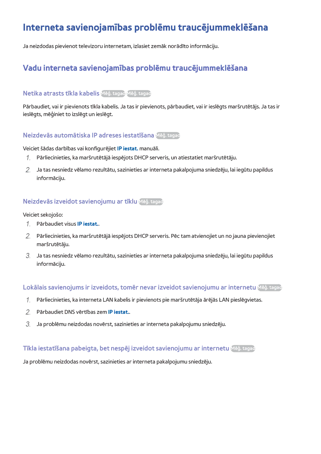 Samsung UE65HU8500TXXH, UE55HU8500TXXH, UE78HU8500TXXH manual Interneta savienojamības problēmu traucējummeklēšana 