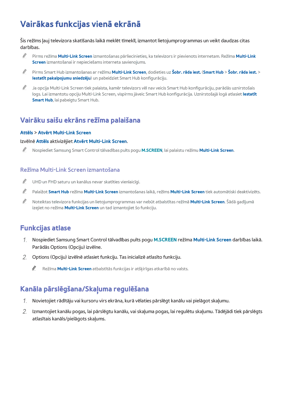 Samsung UE55HU8500TXXH manual Vairākas funkcijas vienā ekrānā, Vairāku saišu ekrāns režīma palaišana, Funkcijas atlase 