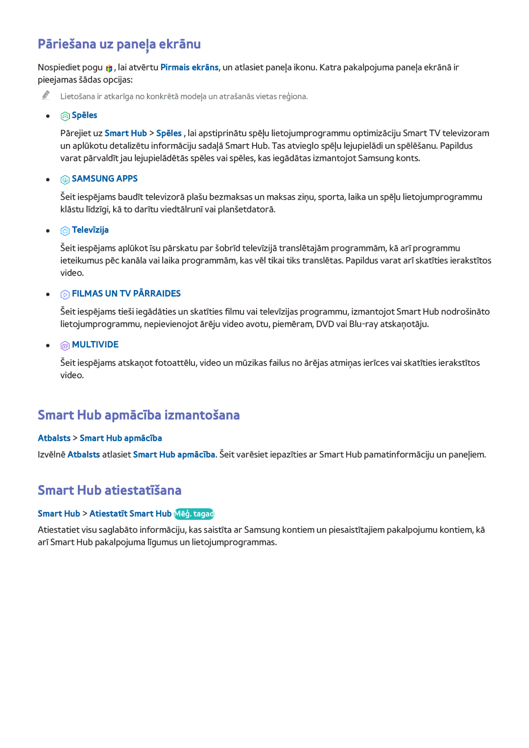 Samsung UE78HU8500TXXH, UE55HU8500TXXH, UE65HU8500TXXH manual Smart Hub apmācība izmantošana, Smart Hub atiestatīšana 