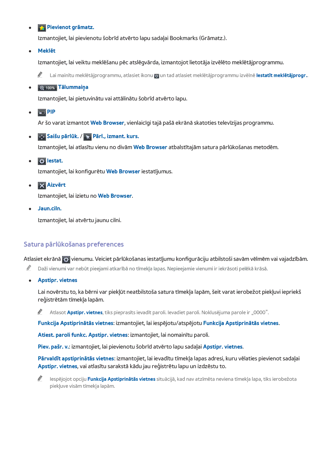 Samsung UE55HU8500TXXH, UE78HU8500TXXH, UE65HU8500TXXH manual Satura pārlūkošanas preferences 